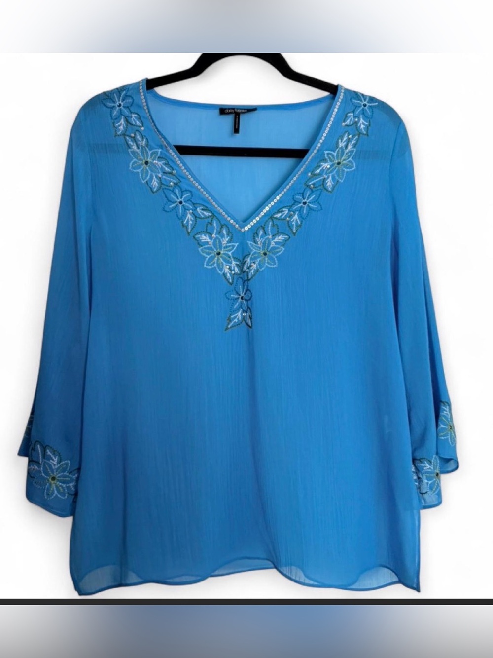 Daisy Fuentes Bright Blue Floral-Embroidered V-Neck Tunic